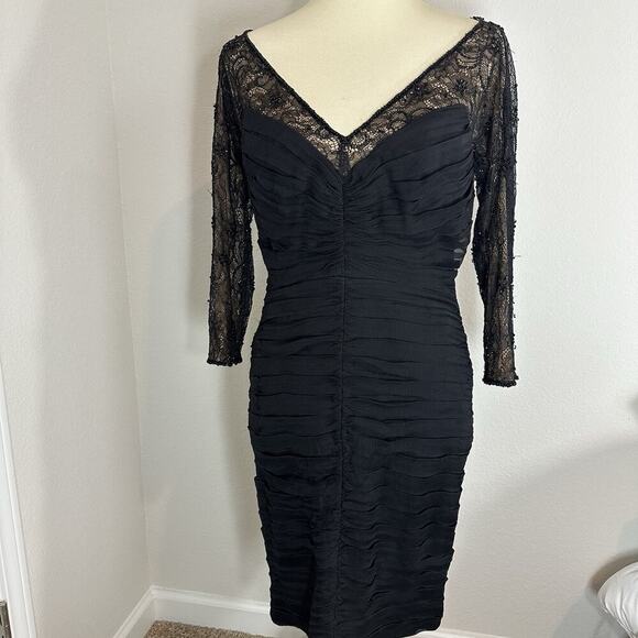 Tadashi Off Shoulder Silk Black Long Sleeve Cocktail Midi Dress Sz 10 Illusion - Picture 11 of 11